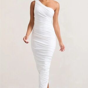 Club L London White Asymmetrical Ruched Bodycon Dress